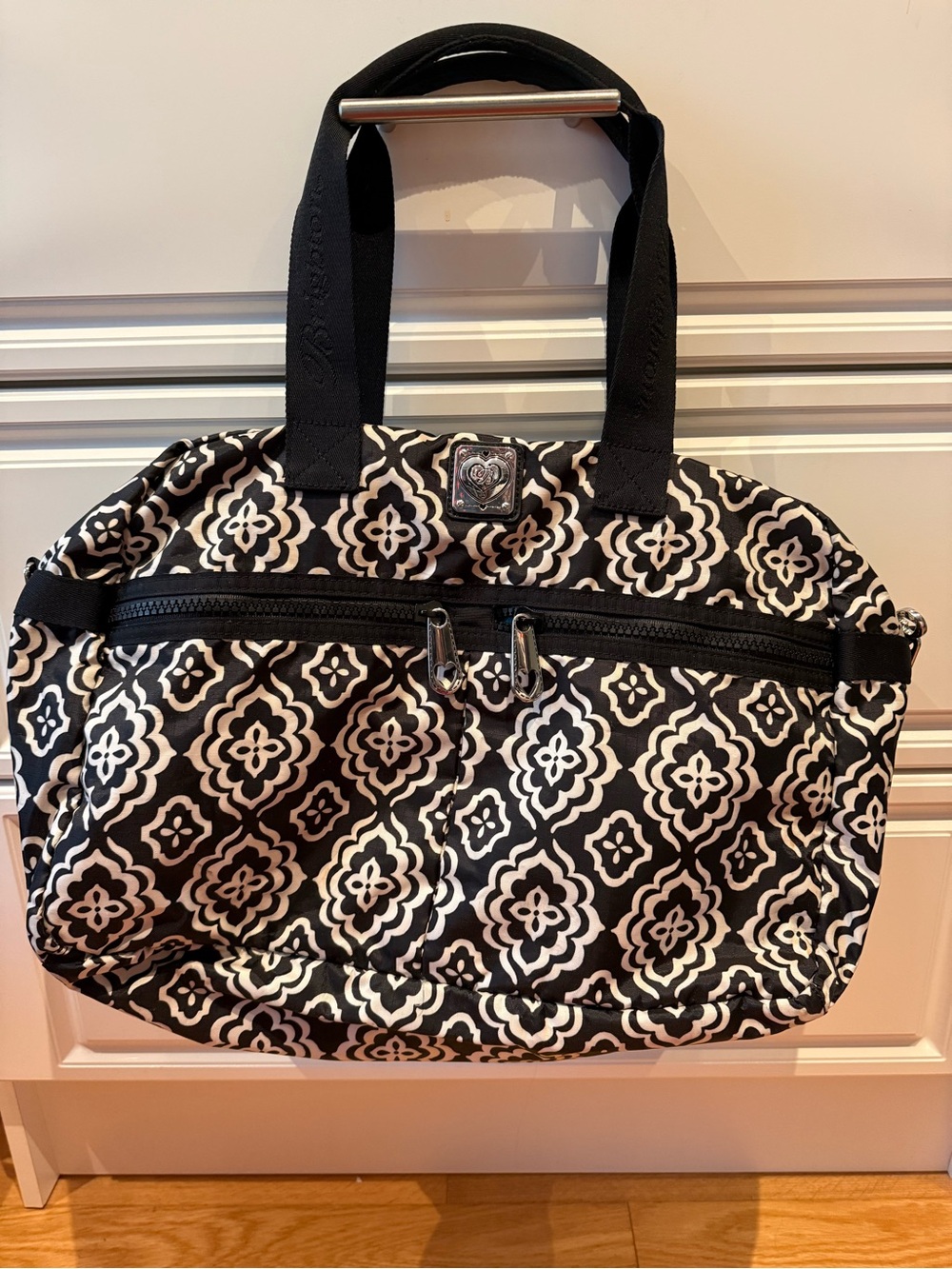 Brighton Large Nylon Duffle Weekender Travel Bag, Black White Medallion Print.